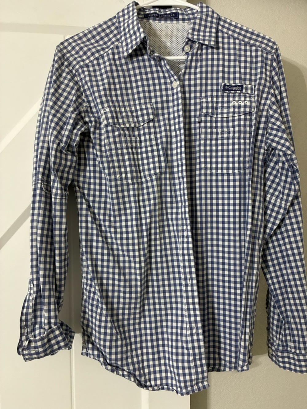 Columbia Men’s Blue and White Gingham Button-Down Shirt